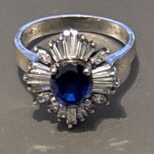 Vintage Sterling Silver, Crystal Baguette’s & Sapphire Ballerina Ring